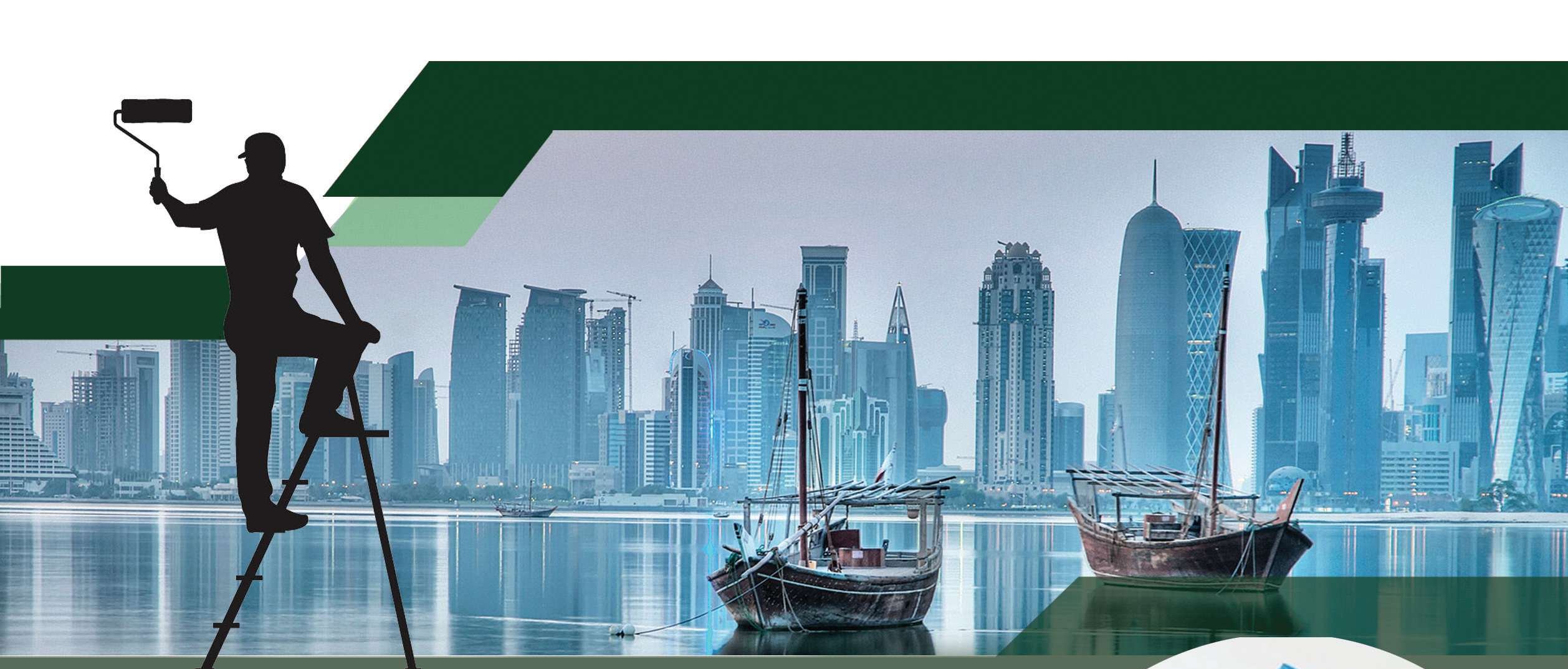 Painter silhouette against the Doha skyline and traditional dhows